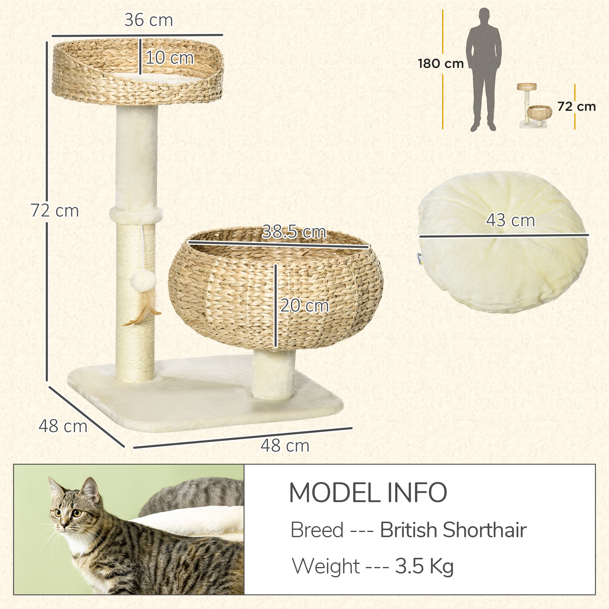 72cm Cat Tree Kitten Tower, With Sisal Scratching Post, Two Beds, Toy Ball — image 10