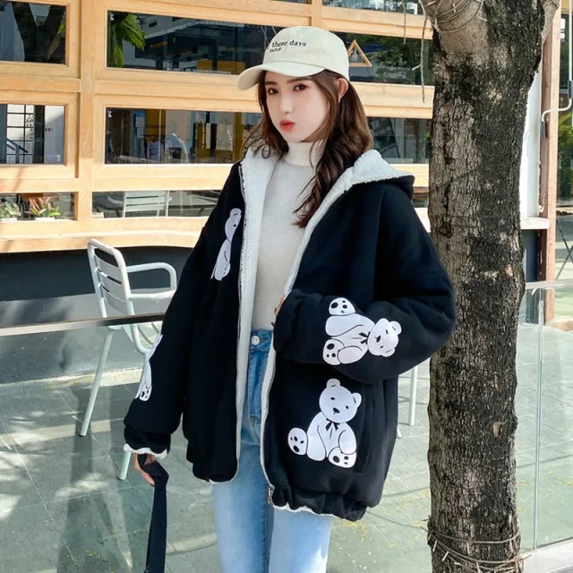 Student's Loose Fleece Thickened Cute Padded Jacket Black - Shop at LoveMi
