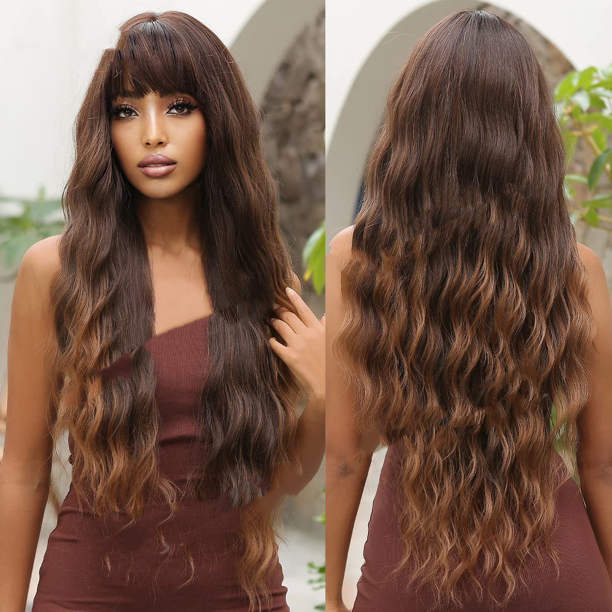 Dark Brown Dyed Light Brown Bangs Long Curly Hair Wigs Mechanism Headgear Lc2029Color - Shop at LoveMi