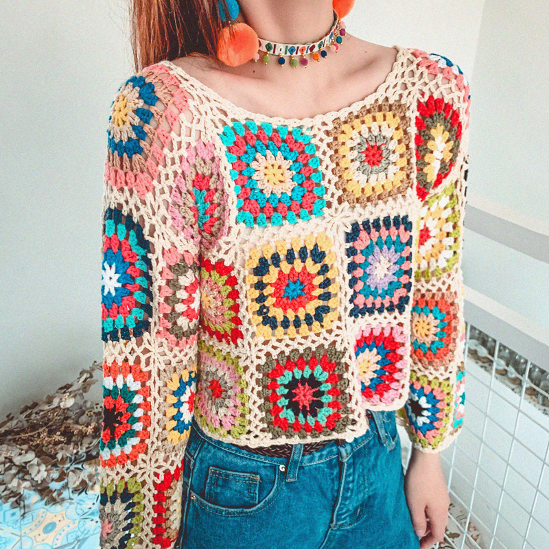 Retro Ethnic Style Rainbow Big Square Crochet Long-sleeved Sweater