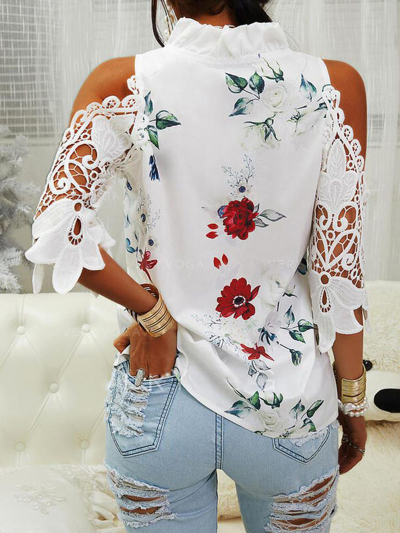 Women's Printed Off Shoulder Lace Panel Long Sleeve Top