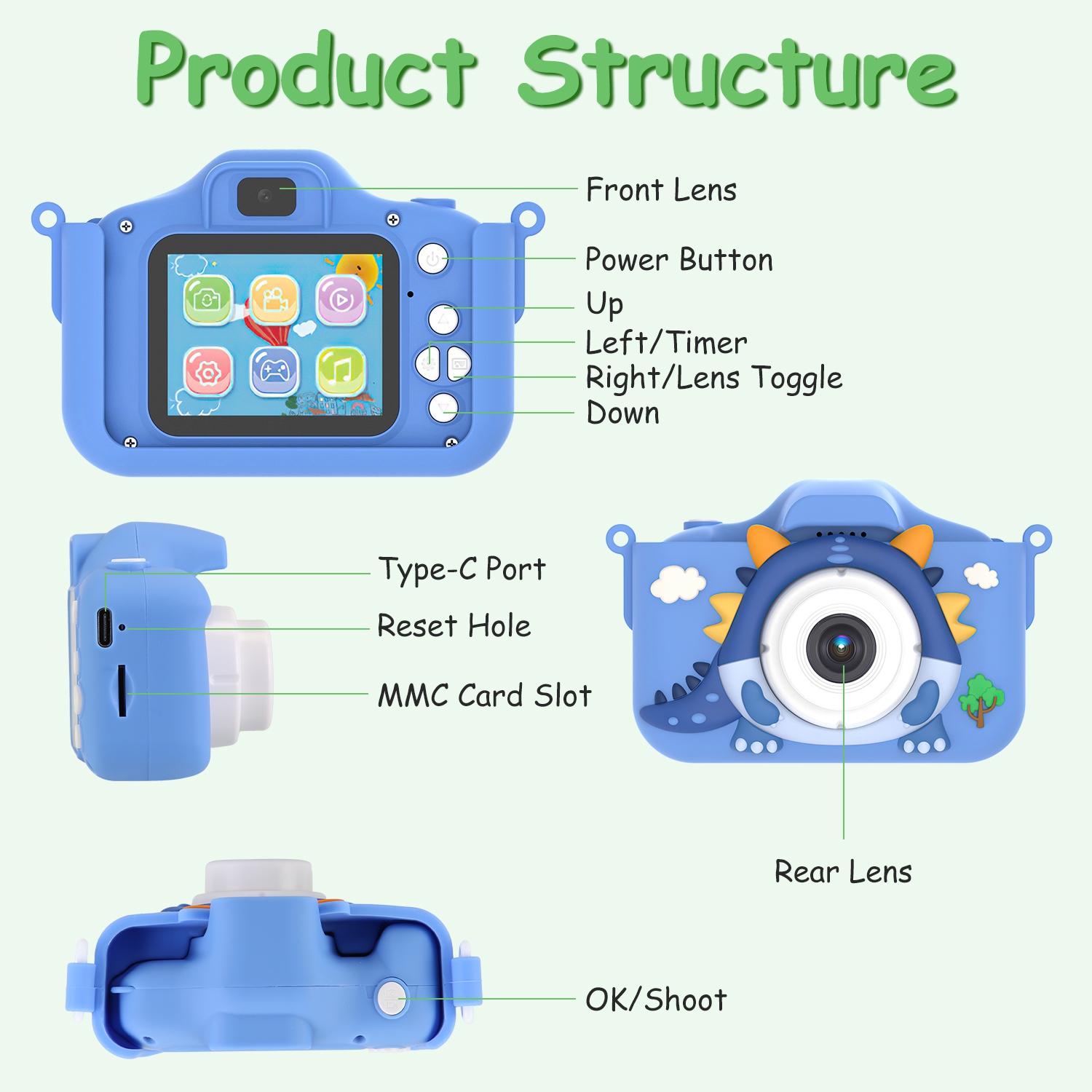Pink-Blue Options -- 1Pc Dinosaur Kids Selfie Camera Cartoon Camera 48MP 1080P HD Digital Camera With Cartoon Case Card Reader 32G MMC Card For Boys Girls Above Aged 6 Years Old