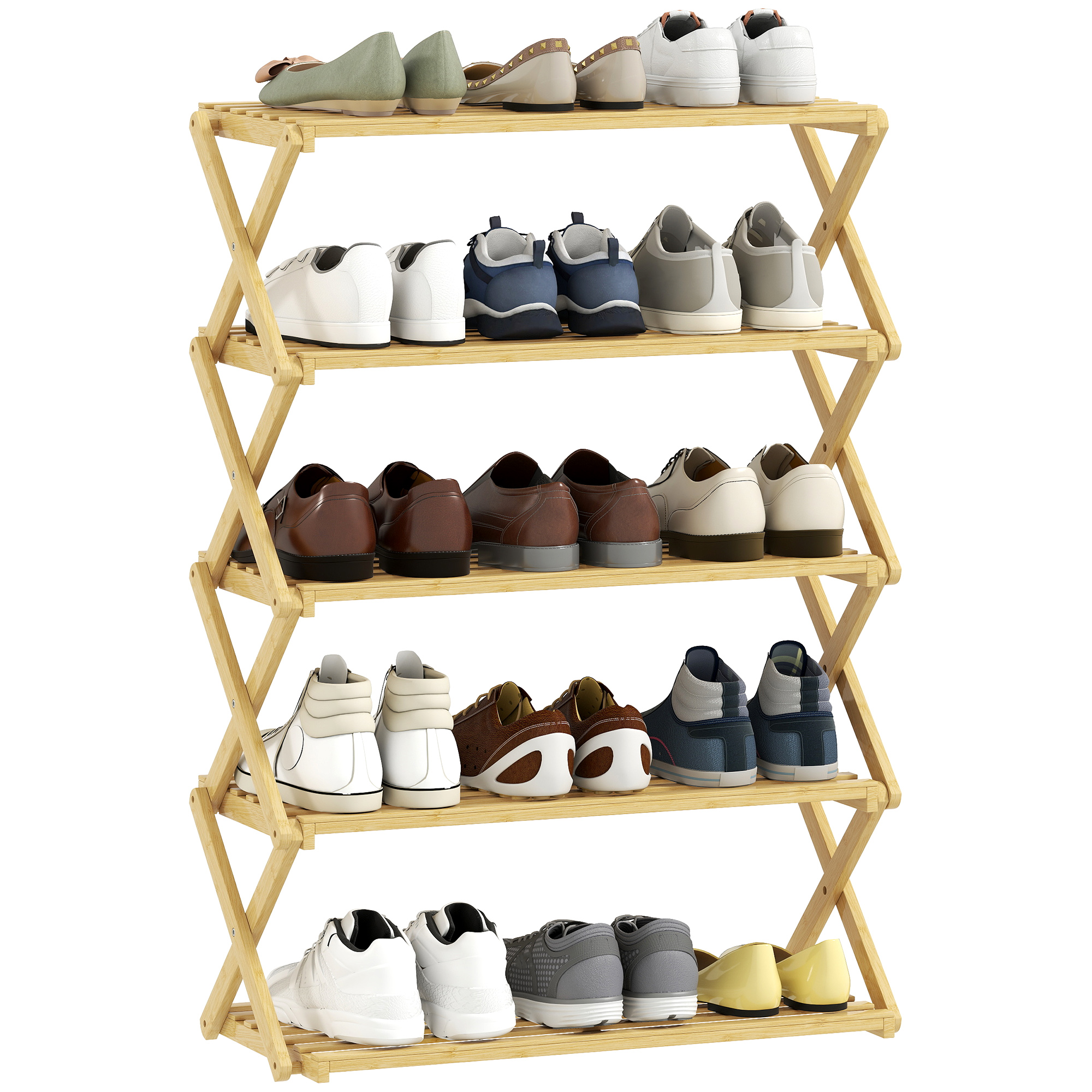 Three Layer Folding Bamboo Shoe Rack - Natural Color — image 6