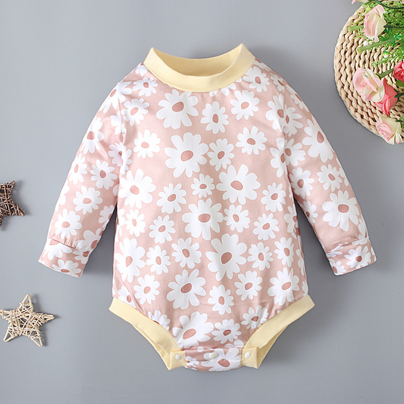 Long Sleeve Round Neck Small Flower Pattern One-piece Baby Romper