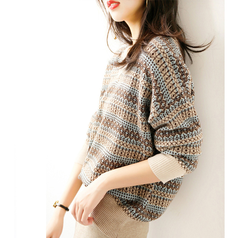 Women's Lazy V-Neck Geometric Contrast Color Sweater