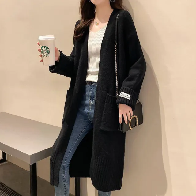 Autumn And Winter Jacket Mid length Women's Outer V neck Knitted Cardigan Sweater Black - Shop at LoveMi