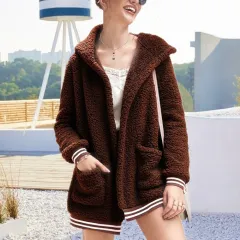 Hooded thick plush coat - Brown - View 1