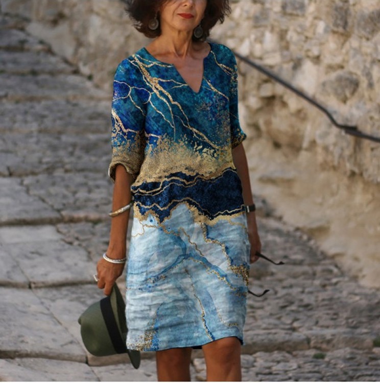 Five-point Sleeve Print V-neck Mid-length Dress