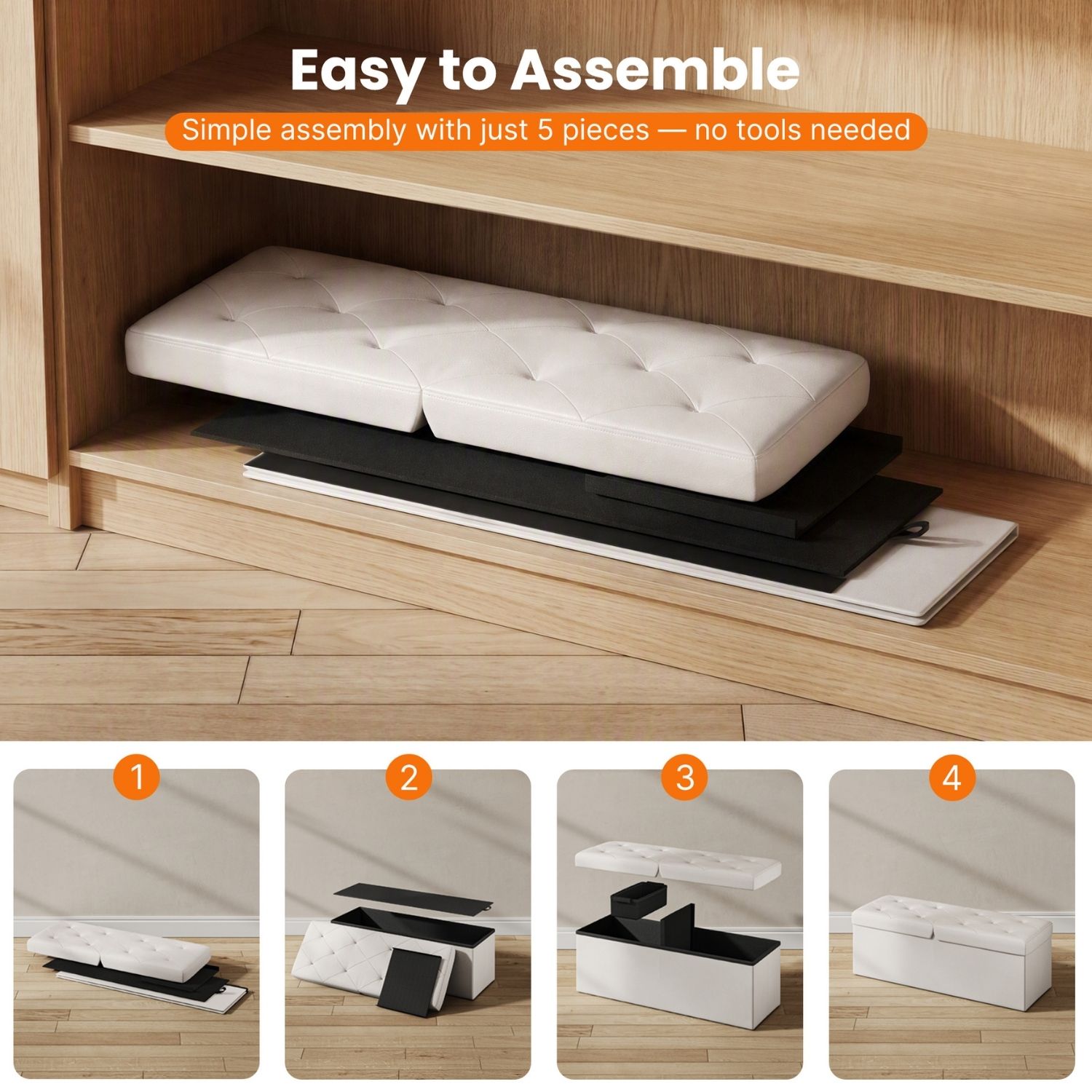 Folding Storage Ottoman, Compact Flip-Top Ottoman With Divider, Padded PVC Seat, Space-Saving Footrest Stool For Bedroom, Entryway, Living Room image 11