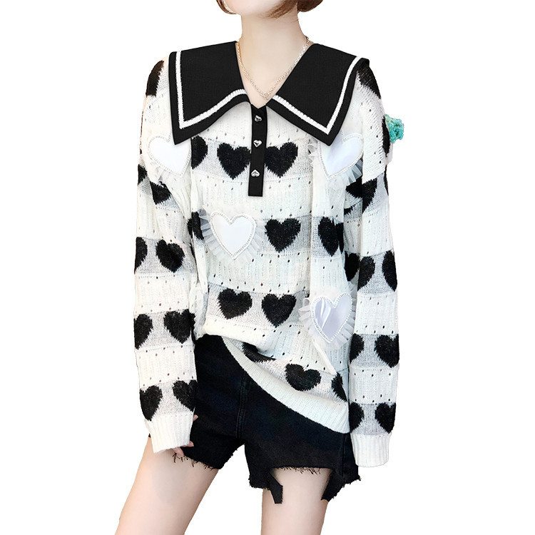 Women's Fashion Doll Collar Printed Sweater