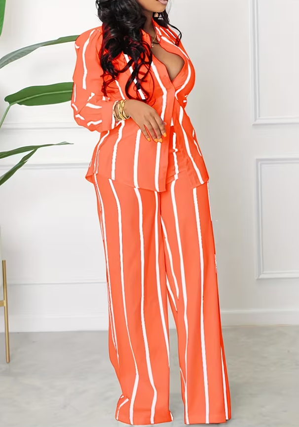 Women's American Retro Striped Lapel Long Sleeve Wide-Leg Pants Suit