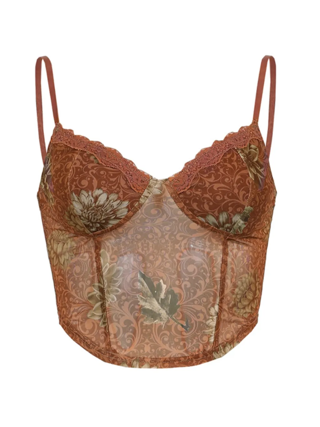 Bohemian Niche Printed Mesh Brown Underwear Spaghetti-strap Slip - Suspenders