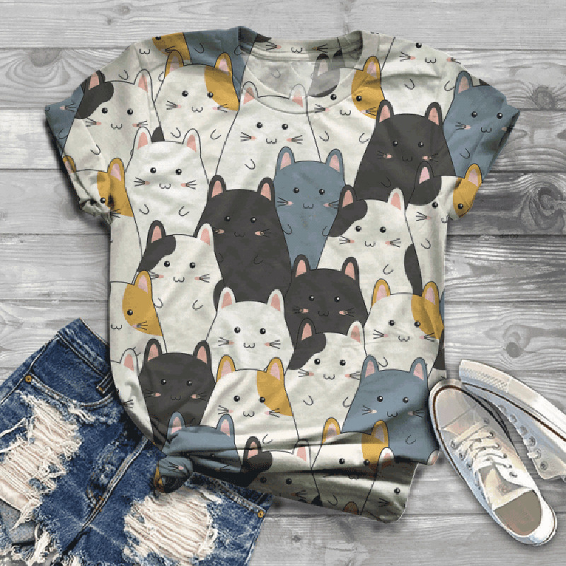 Title 4, Fashion Digital Cat Print Female T Short Sleeve