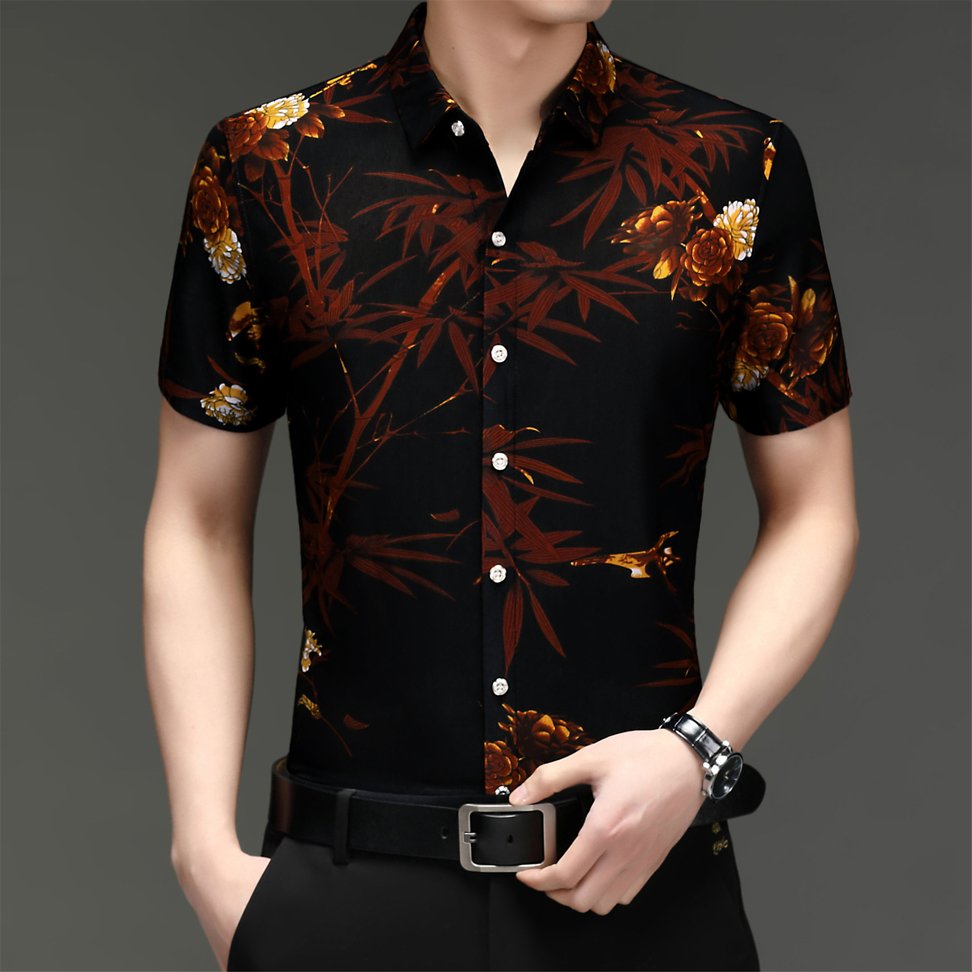 Title 10, Camisa masculina casual de seda de gelo com man...