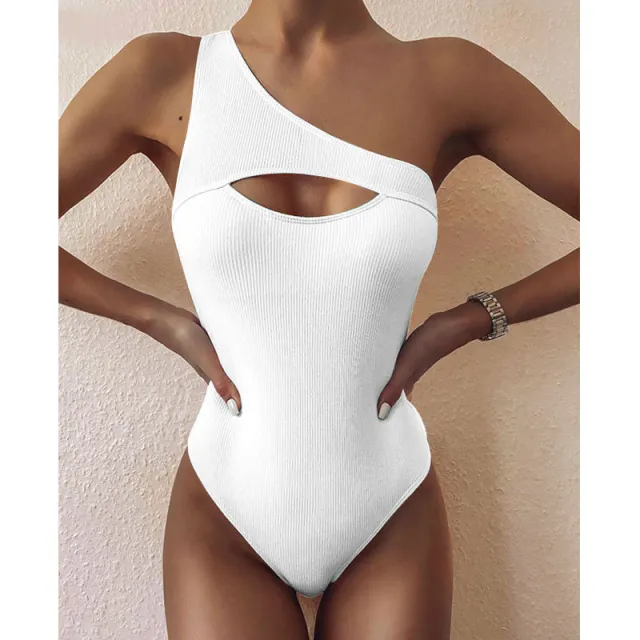 New Bikini Solid Color One shoulder One piece Swimsuit Women White - Shop at LoveMi