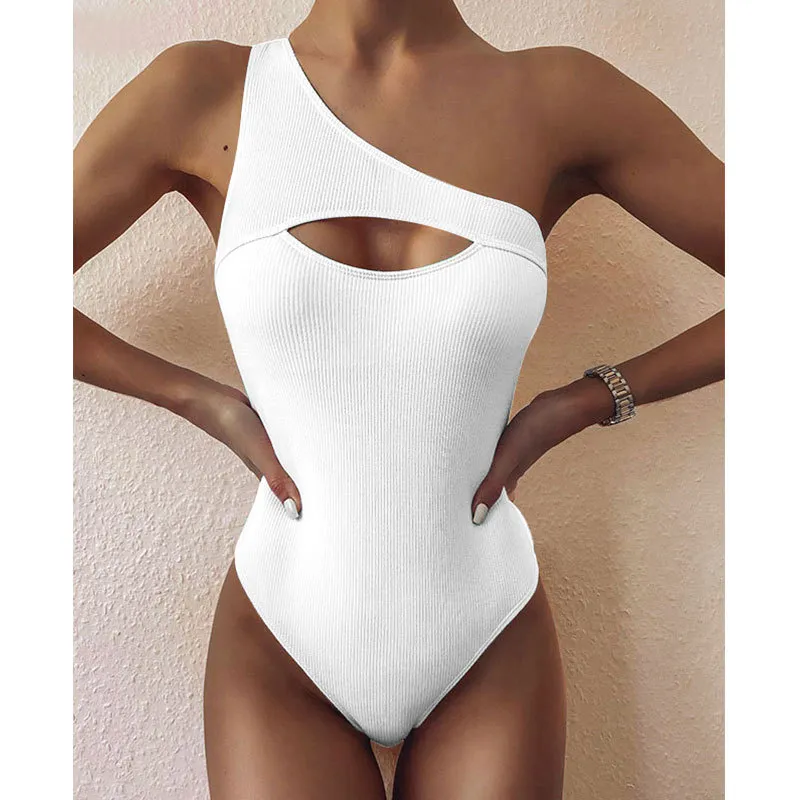 New Bikini Solid Colour One-shoulder One-piece Swimsuit Women - White