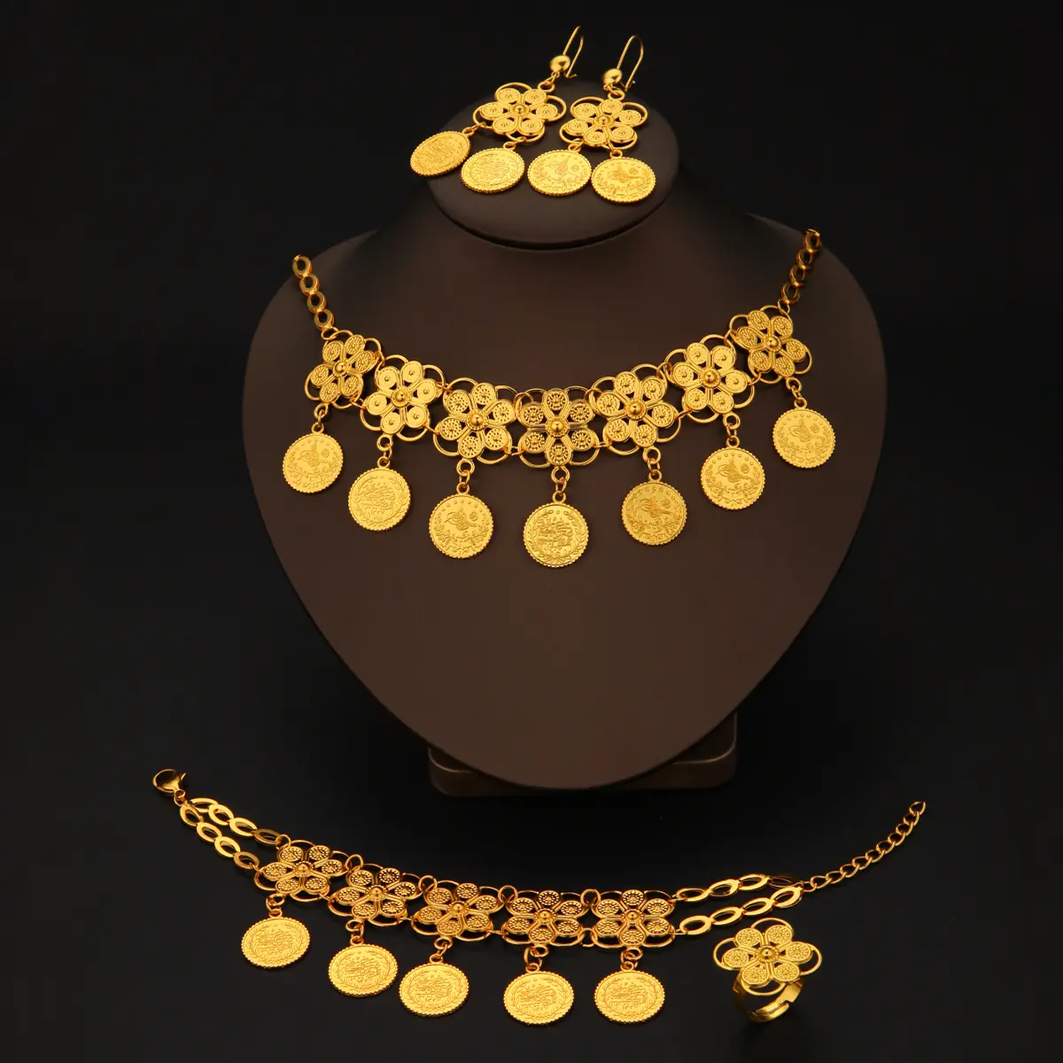 5pcs Fashionable Retro Personality Coin Flower Necklace, Bracelet, Earring Ring Women's Set, Wedding Jewelry, Banquet Gift Giving And Daily Wear