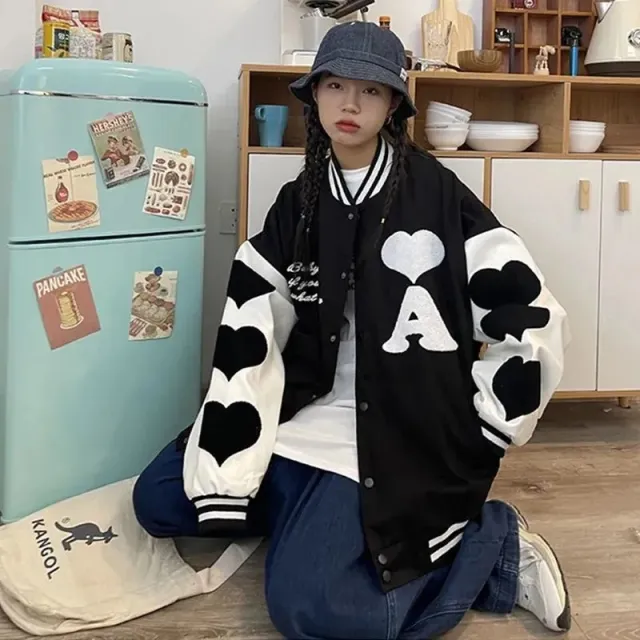 Stitching Heart Embroidery Loose Student Jacket Trendy Black - Shop at LoveMi