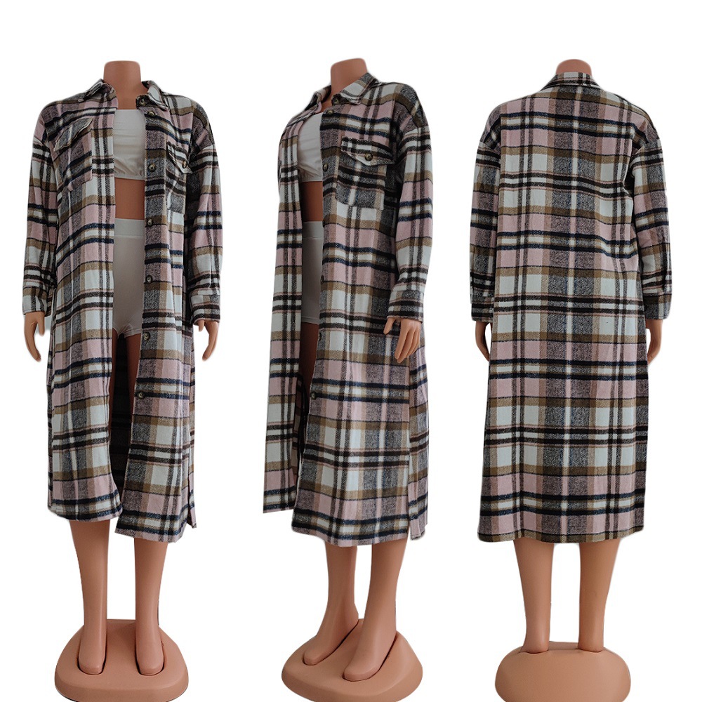 Women's Long Sleeve Lapel Plaid Woolen Coat