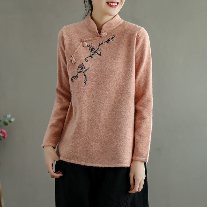 Women's Retro Chinese Style National Style Stand-up Collar Button Diagonal Sweater