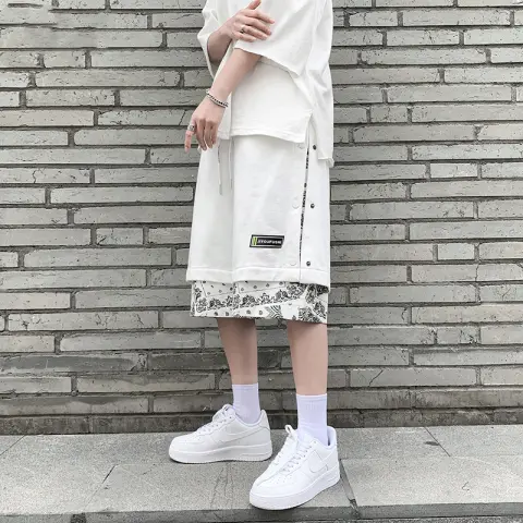 Hong Kong Style Breasted Shorts Men's Hip Hop Cashew