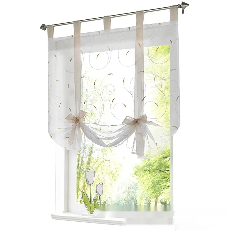 Embroidered Pastoral Adjustable Curtain Rod Ribbon Roman Window Screen - Sand