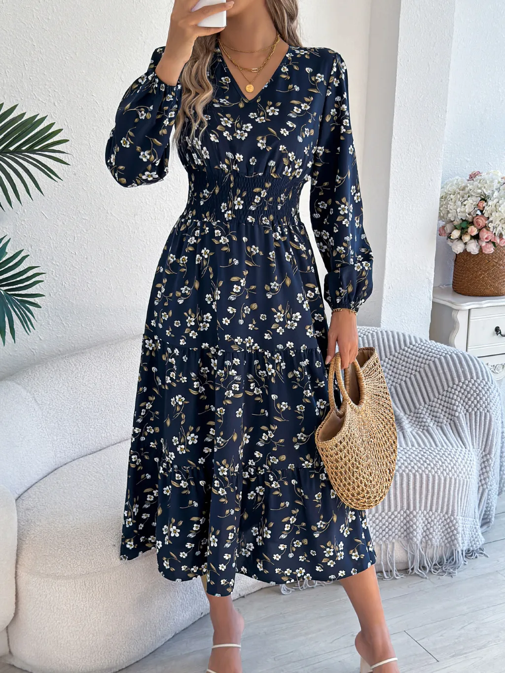 Women's Elegant Floral V-Neck Long Sleeve Waist-Defined Hem Ruffle A-Line Dress - Blue