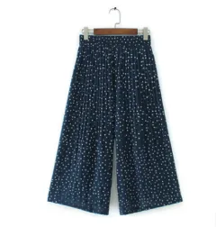 Fashion High-waist All-match Pleated Polka Dot Print Wide-leg Pants - Blue - View 1