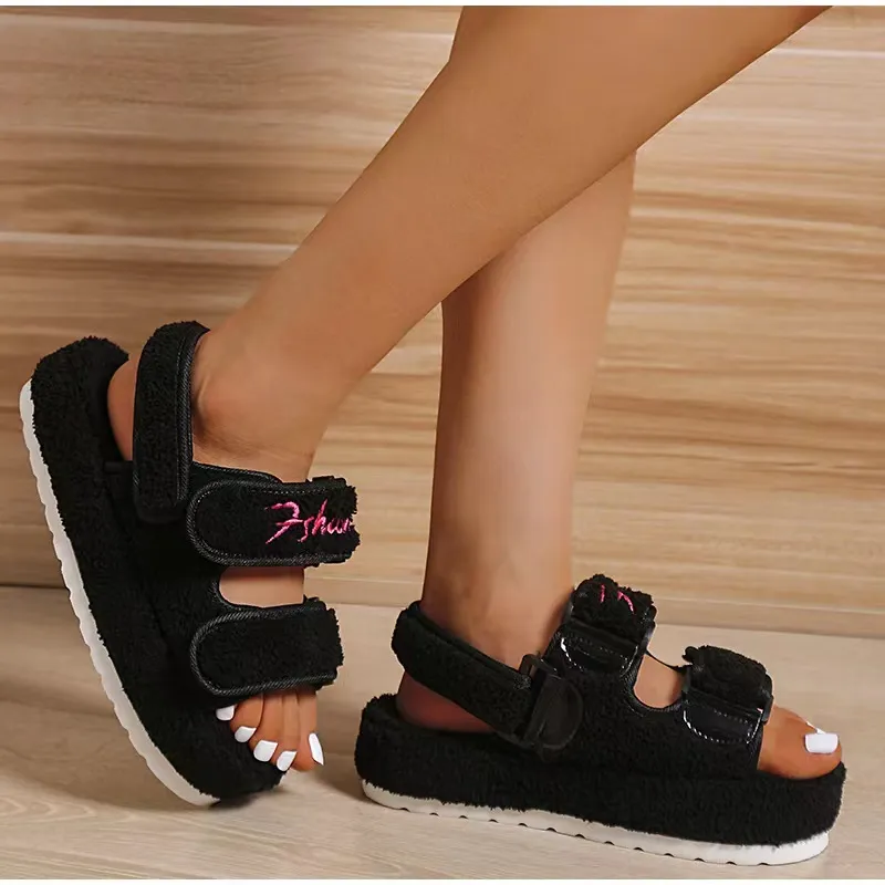 Velcro Fur Sandals Women's Plus Size Small Fragrance Warm Sandals - Black