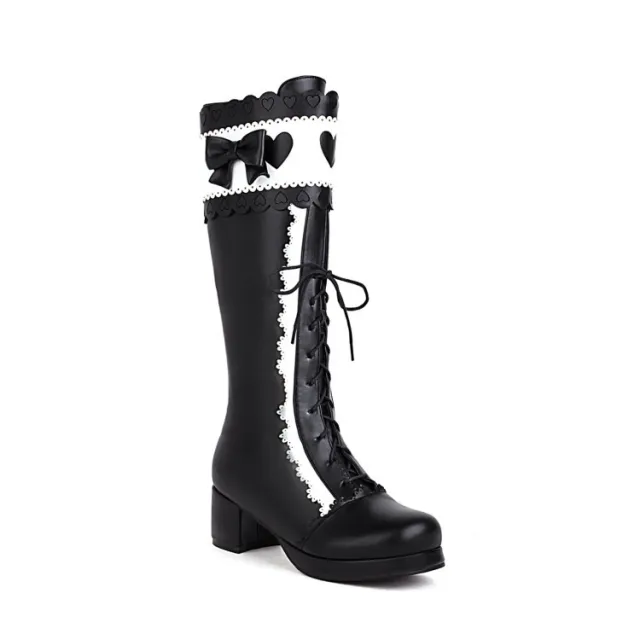 Hollowed Out Bow Color Matching Medium Heel Large Size Boots For Women Black - Shop at LoveMi