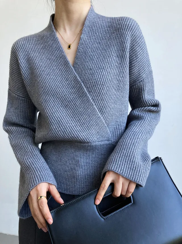Women's Retro Cross V Neck Wrap Knit Sweater Grey - Shop at LoveMi