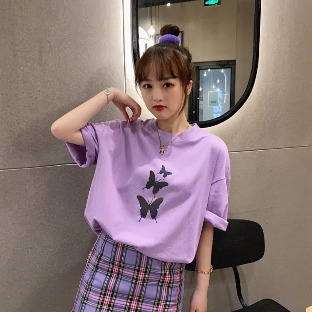 Butterfly Print Loose Short Sleeve T Shirt Top Women Purple - Shop at LoveMi