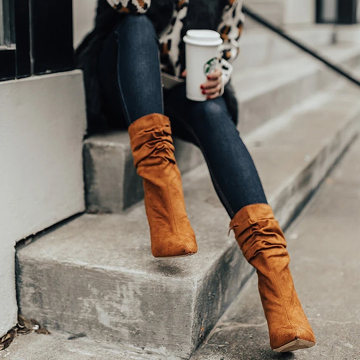 Side Zip High Block Heel Plus Size Short Boots