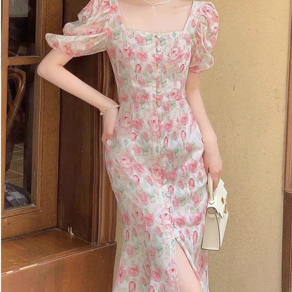 White And Thin Bubble Sleeve Pink Floral Dress