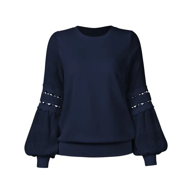 Women's Fashion Long Sleeve Round Neck Pullover Top Navy Blue - Shop at LoveMi