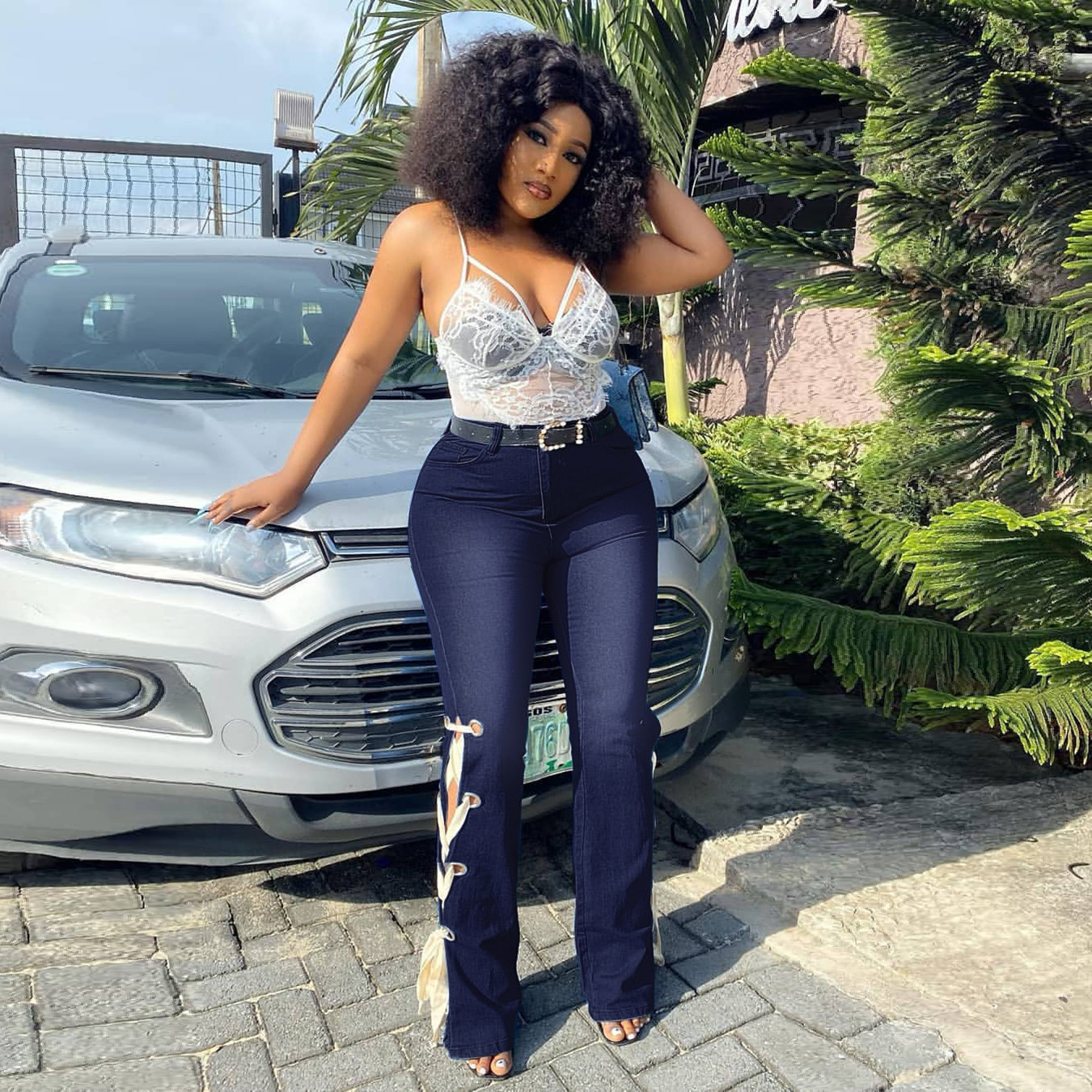 Solid Color Jeans Lace Up Bootcut Trousers