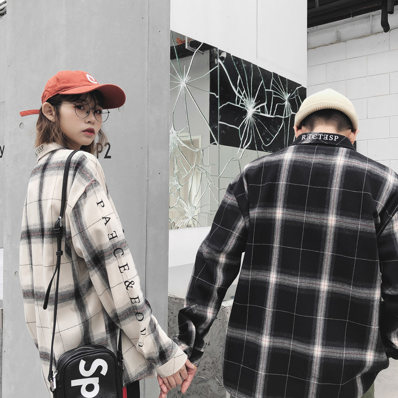 Lazy Style Ins Plaid Shirt Couple Wear Autumn Inch
