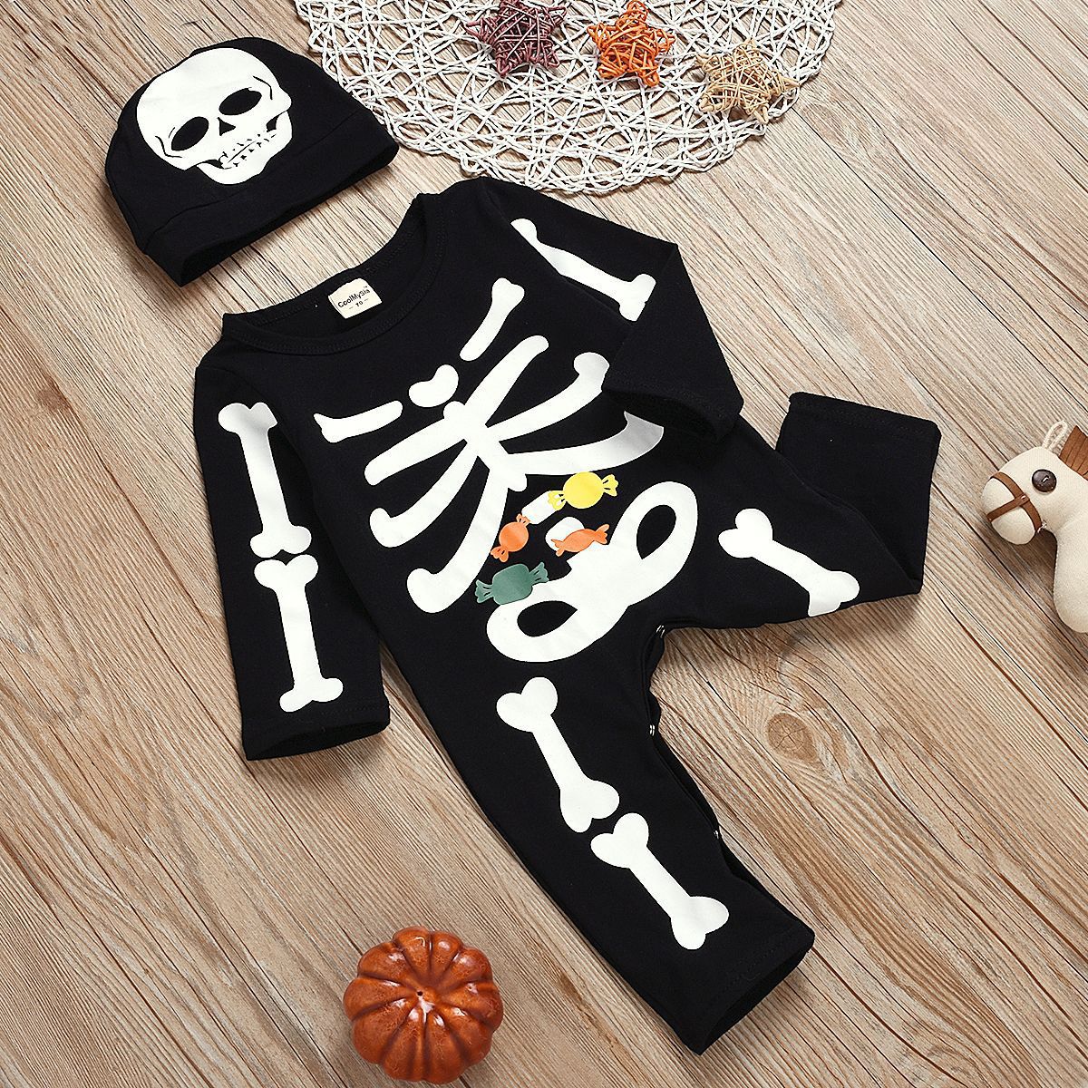 Long sleeve Halloween skull print one-piece romper