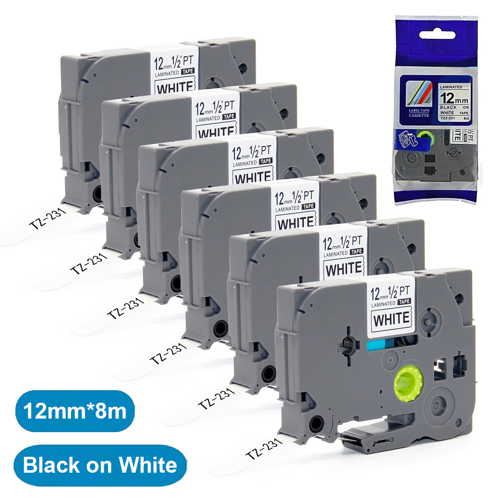 6PCS For Brother P-Touch TZe-231 TZe-131 TZe-221 Label Tape 12mm PT-D410 Black On White 4