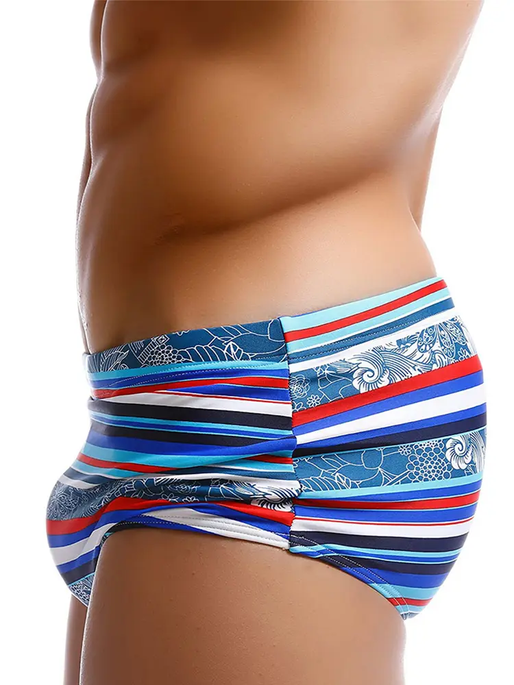 Men's Retro Fashion Red And Blue Striped Boxer Swim Shorts