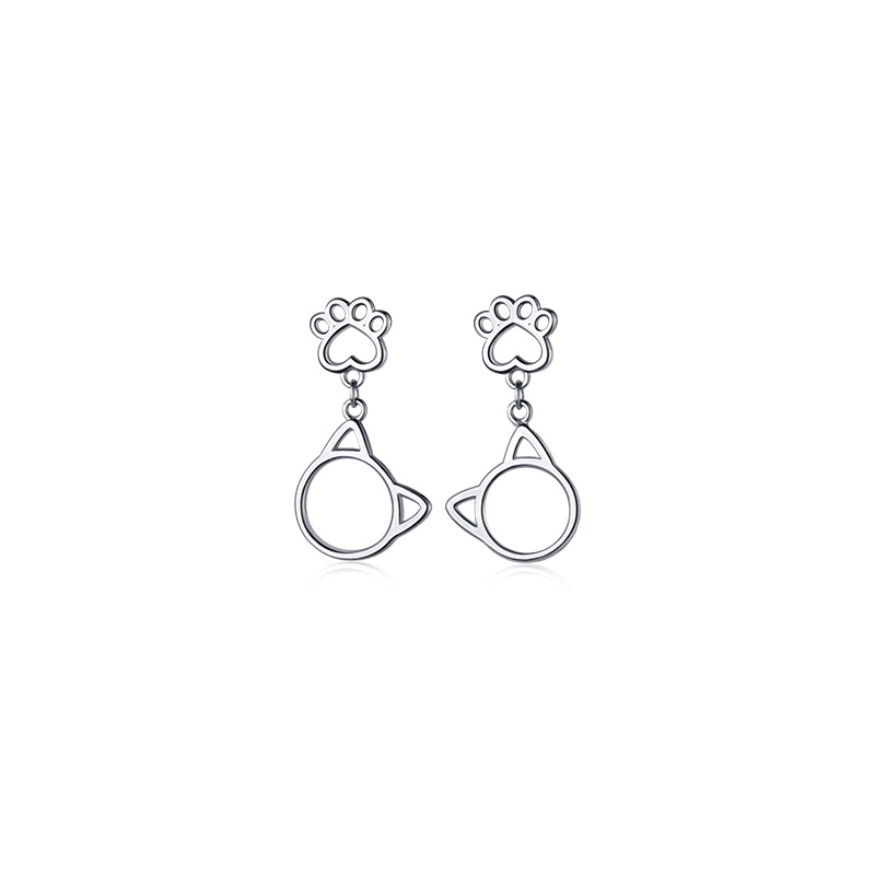 Silver Cute Cat Claw Earrings Sweet Girly Kitten Hollow Short Section
