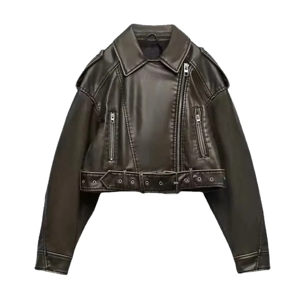 Washed Faux Leather Short Zipper Fashion Jacket - Maroon