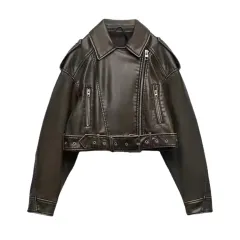 Washed Faux Leather Short Zipper Fashion Jacket - Maroon - View 1