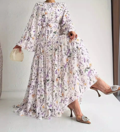 Women's Chiffon Floral Long Dress With Belt, Stylish And Elegant