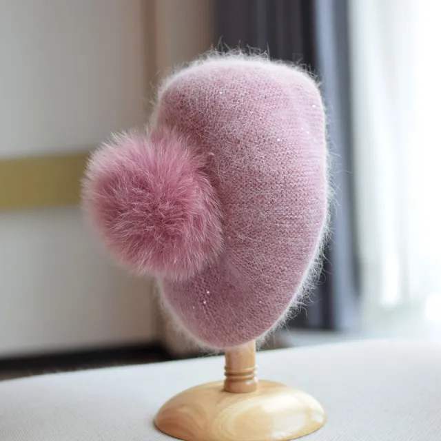 Rabbit Hair Knitted Sequin Beret Pink - Shop at LoveMi