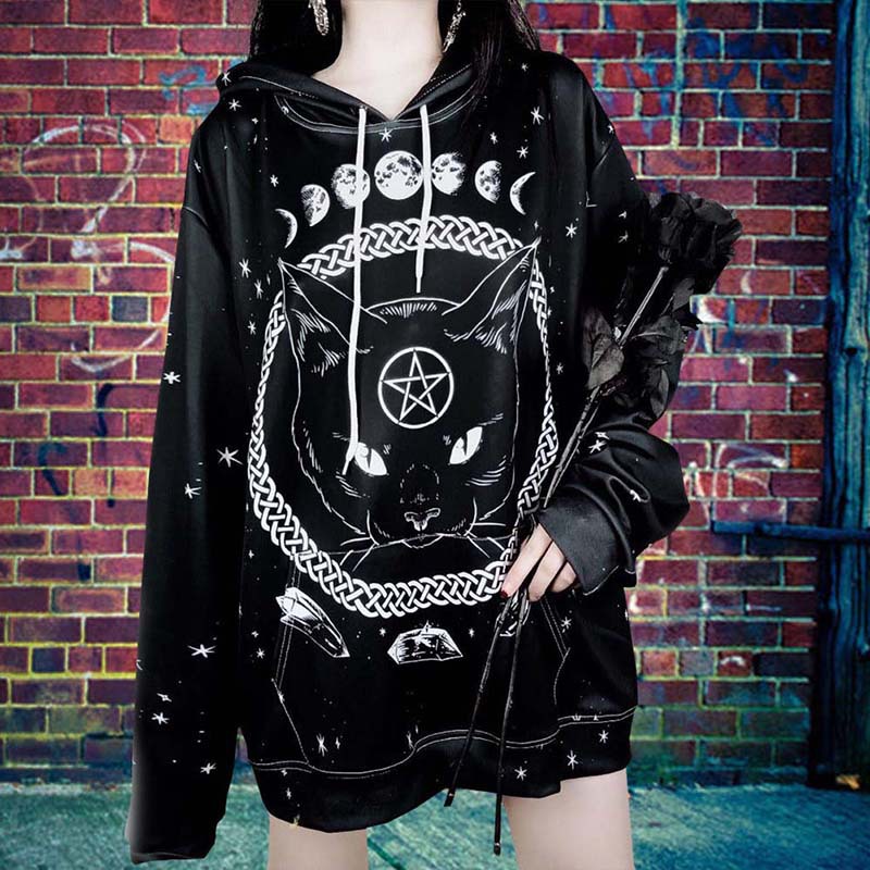 Title 3, Street Gothic Cat Print Loose Hooded Sweater