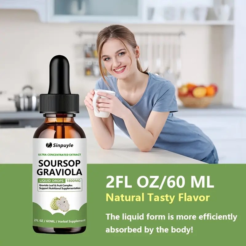 Soursop Graviola 1800mg Ultra Concentrated Liquid Drops - Leaf & Fruit Herbal Supplement, Immune Support, 60ml