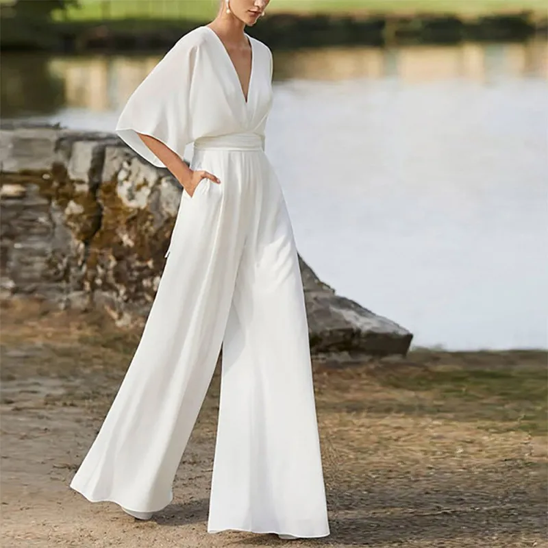 Women's Dress Jumpsuit Deep V High Waist Wide Legs - White