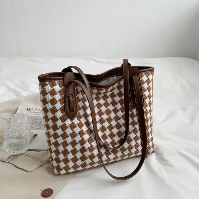 Plaid Single Shoulder Bag For Women With Large Capacity Tote Brown - Shop at LoveMi