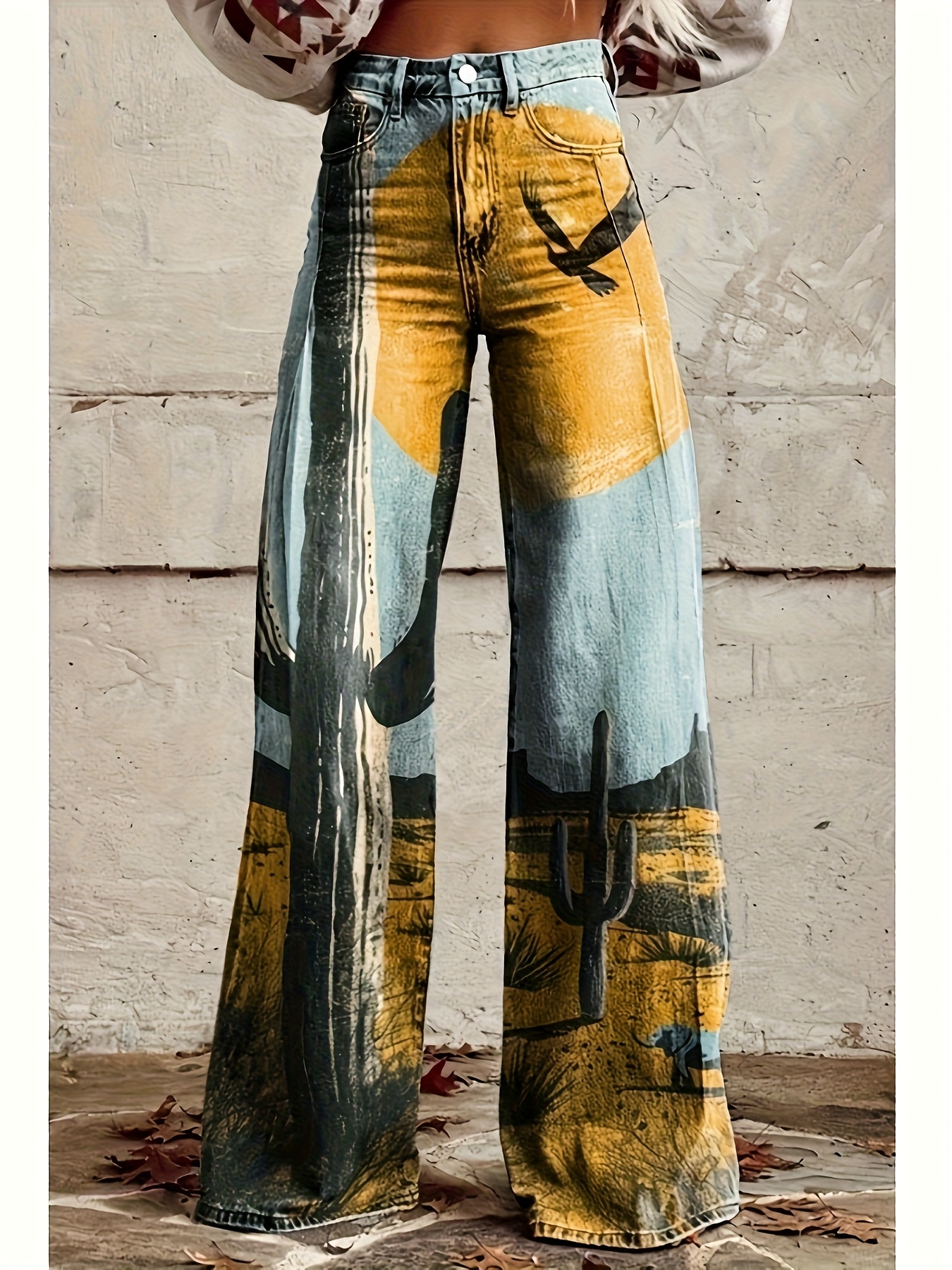 Ursime Patchwork Allover Pattern High Rise Wide Leg Pants